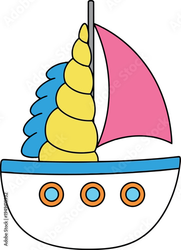 Colorful cartoon sailboat with unicorn horn mast and whimsical design for kids illustrations
