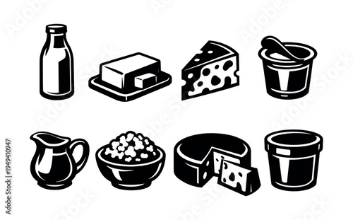 Black and white dairy products illustration set with cheese yogurt butter milk silhouettes