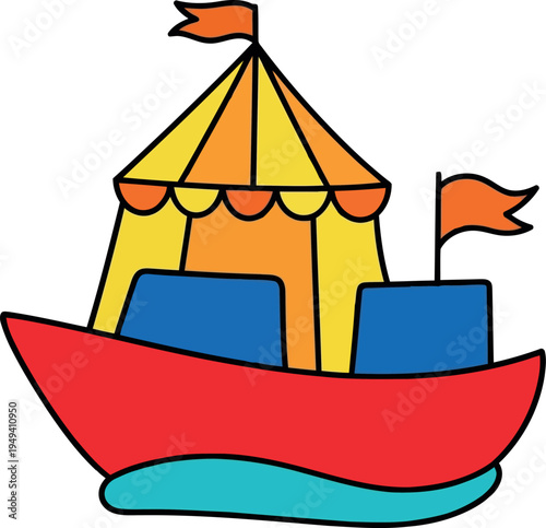 Colorful circus tent hat illustration on a boat with flags, playful vector cartoon style