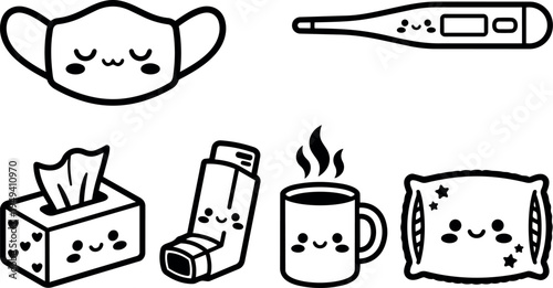 Cute kawaii style sick day essentials vector icons with face mask thermometer tissues inhaler hot drink and pillow set