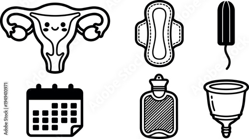Minimalist black and white menstrual cycle icons including uterus pad tampon calendar hot water bottle cup vector line art