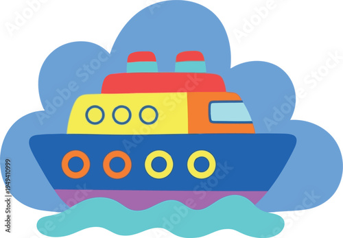 Colorful cartoon cruise ship illustration for kids, playful nautical vector art on blue background
