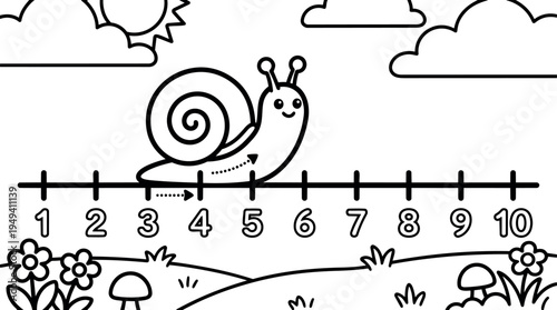 Cute snail moving across number line from three to five with smiling face and sunny outdoor scenery in black and white vector art