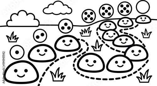 Black and white line art smiling faces connected by dashed lines in playful network with clouds and grass elements