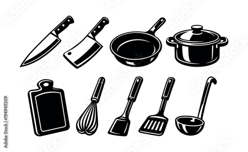 Black and white vector silhouette illustration of cooking utensils and kitchenware set