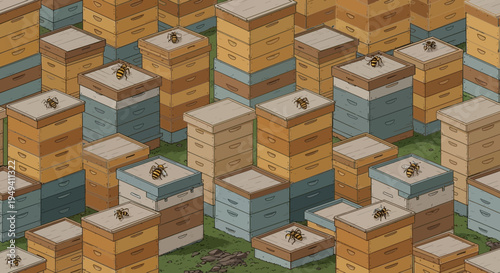 Apiary of Beehives with Bees in a Field, Sustainable Agriculture, Nature, Organic Farming