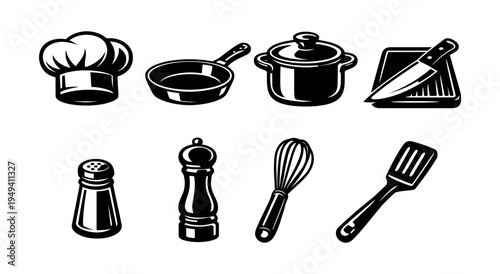Black and white culinary kitchen utensils vector set including chef hat and cookware