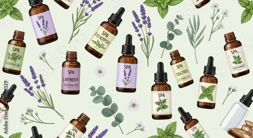 Aromatherapy Essential Oils Bottles with Lavender, Mint, Eucalyptus, and Herbs Pattern