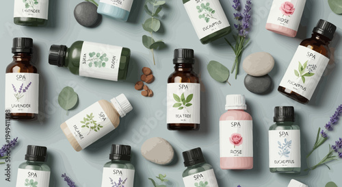 Aromatherapy Essential Oils Bottles, Spa Products, Herbs, and Stones on a Textured Background
