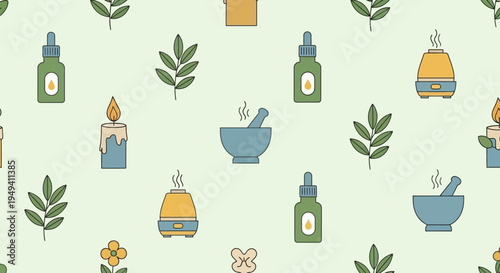 Aromatherapy Pattern: Essential Oils, Diffuser, Mortar, Candle, Leaves, Flowers