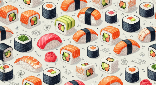 Assorted Sushi Rolls and Nigiri Platter, Japanese Cuisine Food Background