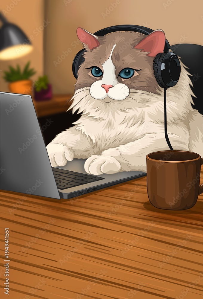 Fototapeta premium Cute cat working on laptop with coffee mug and copy space at cozy workspace