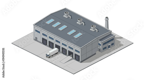 Isometric view of a modern warehouse building with loading docks and a truck parked outside, representing logistics and industrial operations