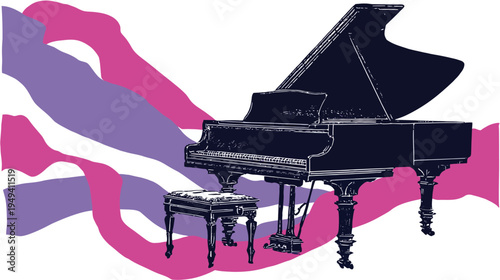 Graphic image of a grand piano with a stool, set against abstract wavy pink and purple strokes