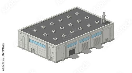Isometric view of a modern warehouse building with loading docks and vents, suitable for industrial or logistics themes