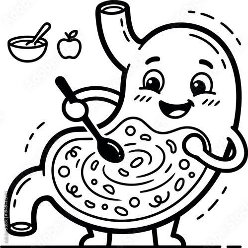 Cute smiling cartoon stomach stirring healthy food bowl with spoon icon and apple concept drawing in black line art style