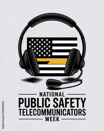 Illustration of Professional Communication Headset Over Thin Gold Line Flag for National Public Safety Telecommunicators Week Marketing Materials