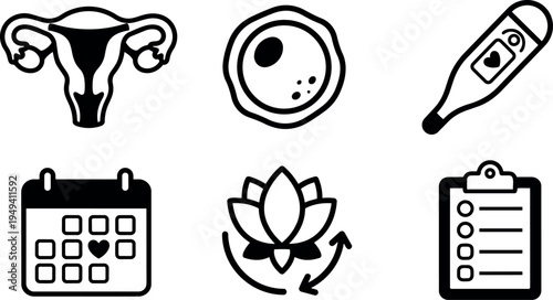 Minimalist black and white vector icons set representing uterus ovum thermometer calendar fertility and checklist in flat design style