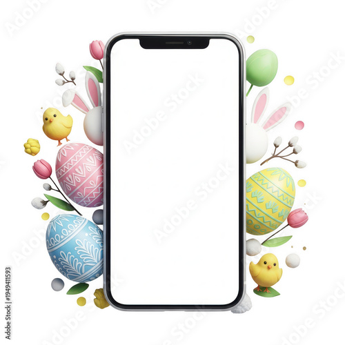 Easter easter eggs and bunny around a smartphone isolated on transparent background. Png