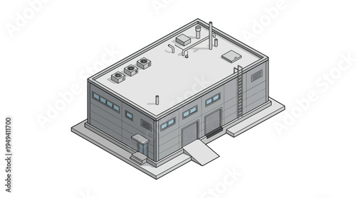 Industrial warehouse building isometric illustration with loading dock, offices, and rooftop equipment
