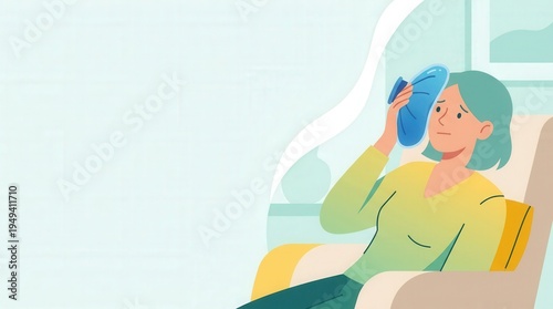 illustration woman holding blue ice pack to head for migraine relief sitting in armchair. Flat cartoon character suffering from headache, fever or stress with copy space on background.