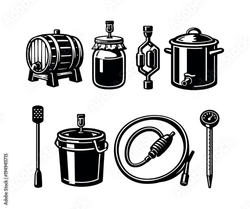 Homebrewing equipment set in black and white vector illustration style
