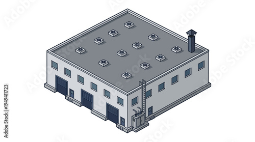 Isometric illustration of a modern industrial building with loading docks and ventilation systems, showcasing architectural design and functionality