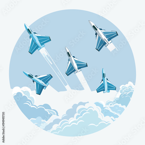 Formation of blue fighter jets flying above clouds on light blue sky