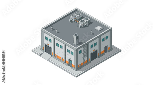 Pixelated isometric industrial building with large garage doors and rooftop ventilation, perfect for urban planning or construction concepts