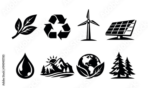 Environmentally themed black and white vector icons including renewable energy and nature symbols