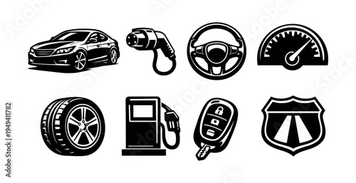 Black and white vector set of car related icons including vehicle steering wheel and speedometer