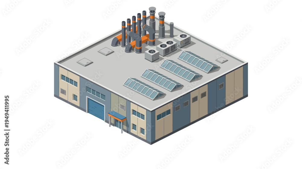 Obraz premium Isometric view of a modern industrial building with multiple chimneys and air conditioning units on the roof, showcasing a clean and efficient facility for manufacturing or production processes