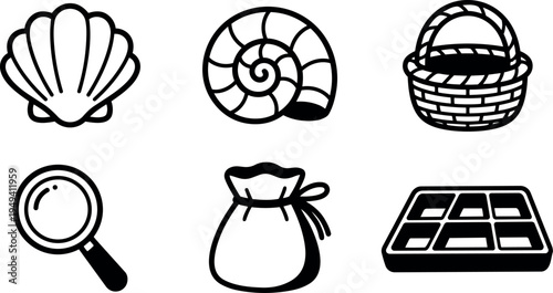 Minimalist black and white line art set of seashell spiral basket magnifying glass pouch and box icons simple vector design