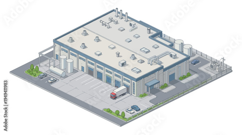 Modern industrial warehouse with loading docks and trucks, a commercial property for storage and logistics