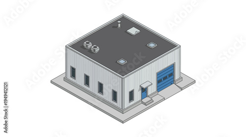 Isometric view of a modern industrial building with a large garage door and an office entrance, suitable for logistics or manufacturing