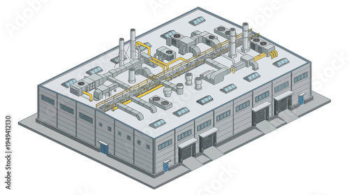 Isometric View of a Large Industrial Warehouse Building with Complex HVAC Ductwork Systems on the Roof