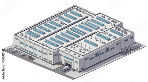 Isometric View of a Modern Industrial Warehouse Building with Solar Panels on the Roof