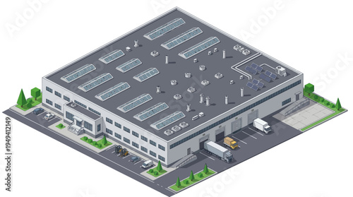 Isometric warehouse industrial building with loading docks and delivery trucks