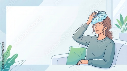 Woman holding cold compress to her head, suffering from severe headache, migraine, or fever. Young female resting at home on sofa. Modern illustration with large copy space for medical text.