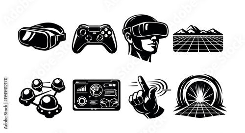 Virtual reality illustrations set featuring headset game controller and futuristic elements in black and white vector style
