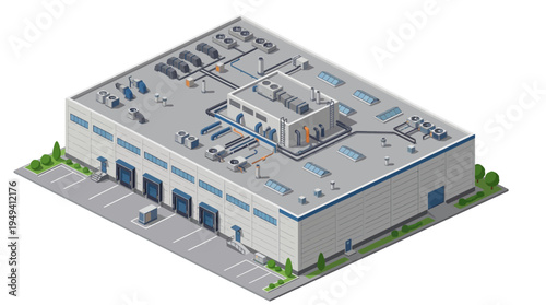Modern industrial warehouse building with loading docks and HVAC units, an isometric illustration