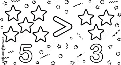 Black outline vector illustration of five stars greater than three stars with numbers five and three in decorative style