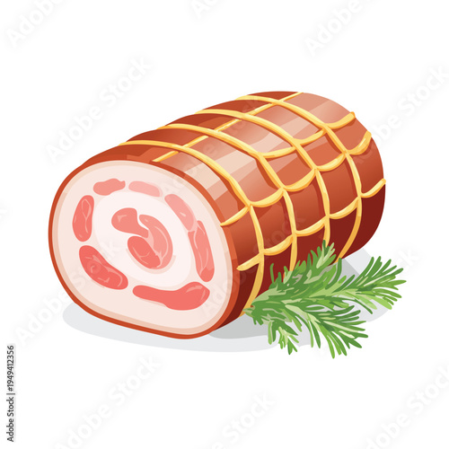Freshly prepared meat roll with green herbs on white background