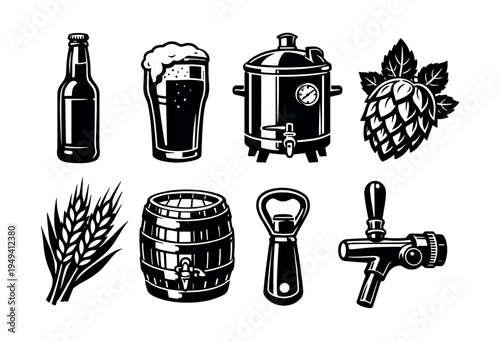 Black and white beer elements set, including hops, barrels, and bottle silhouette illustrations