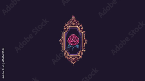 Digital illustration of a rose inside of a ornate, gold, ornamented frame on a dark purple backdrop