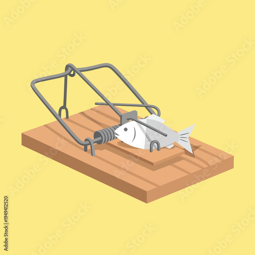 Mousetrap with fish bait on yellow background representing trap mechanism for seafood hunting or metaphorical business risks and dangerous lures art