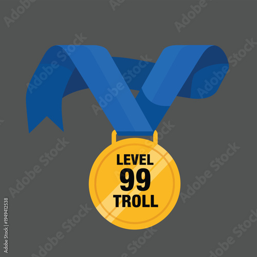 Level ninety nine troll gold medal with blue ribbon on dark grey background representing social media rewards for internet irony and online humor art