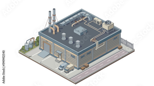 Isometric factory building with delivery trucks, industrial zone, and operational machinery, representing manufacturing and logistics