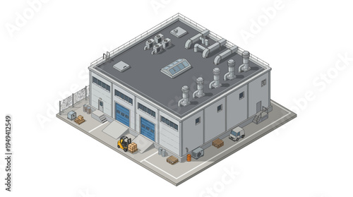 Isometric view of a modern industrial warehouse building with loading docks and a forklift