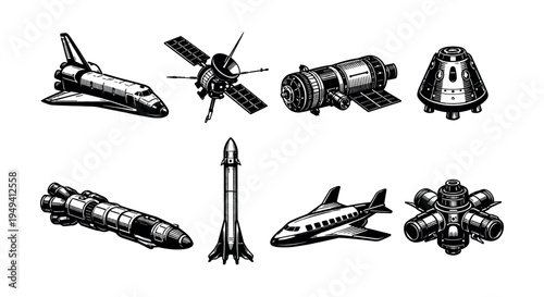 Black and white spacecraft vector set with rockets satellites capsules and shuttle